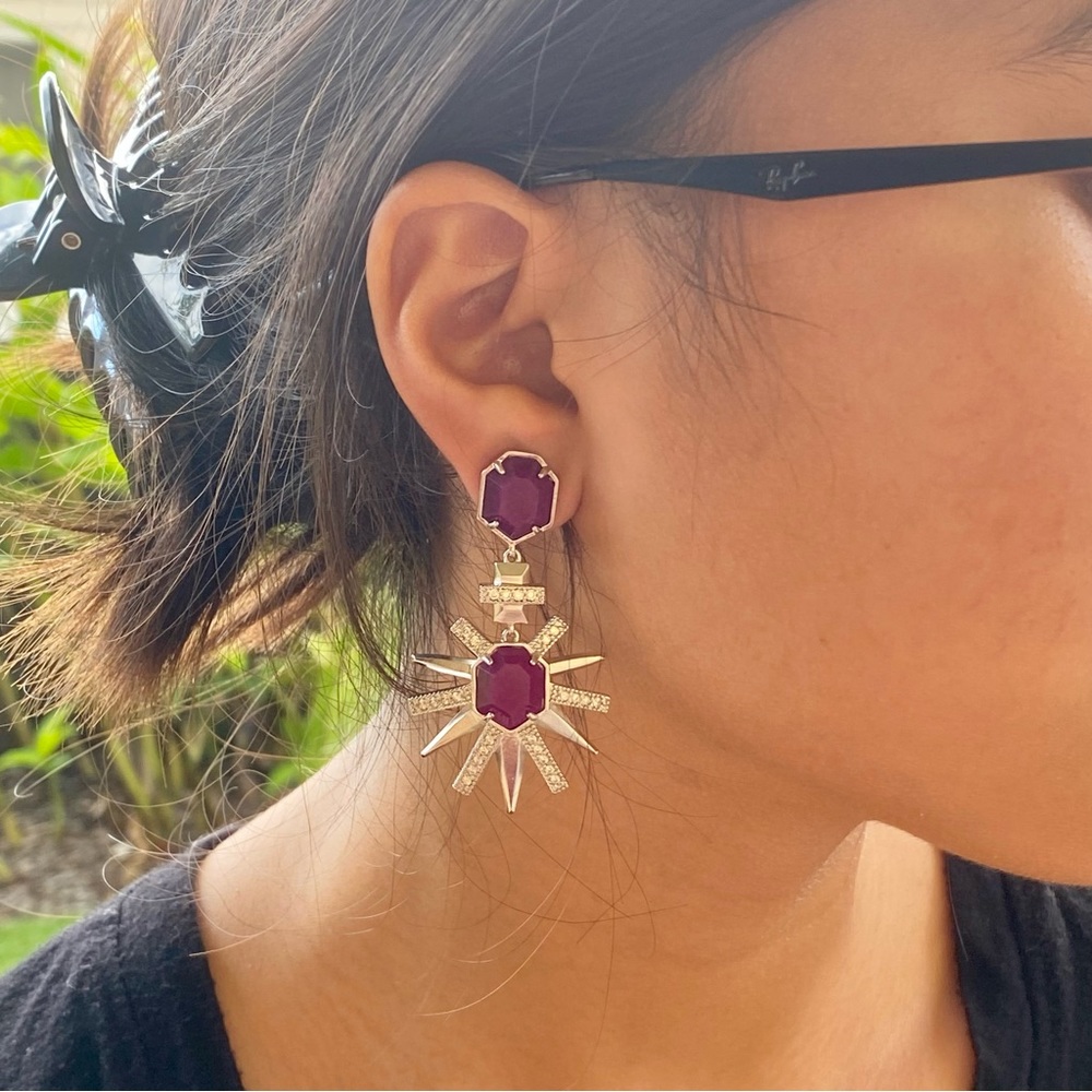 NWT Kendra Scott Allie Silver Rhodium Plated Purple Jade Starburst Earrings